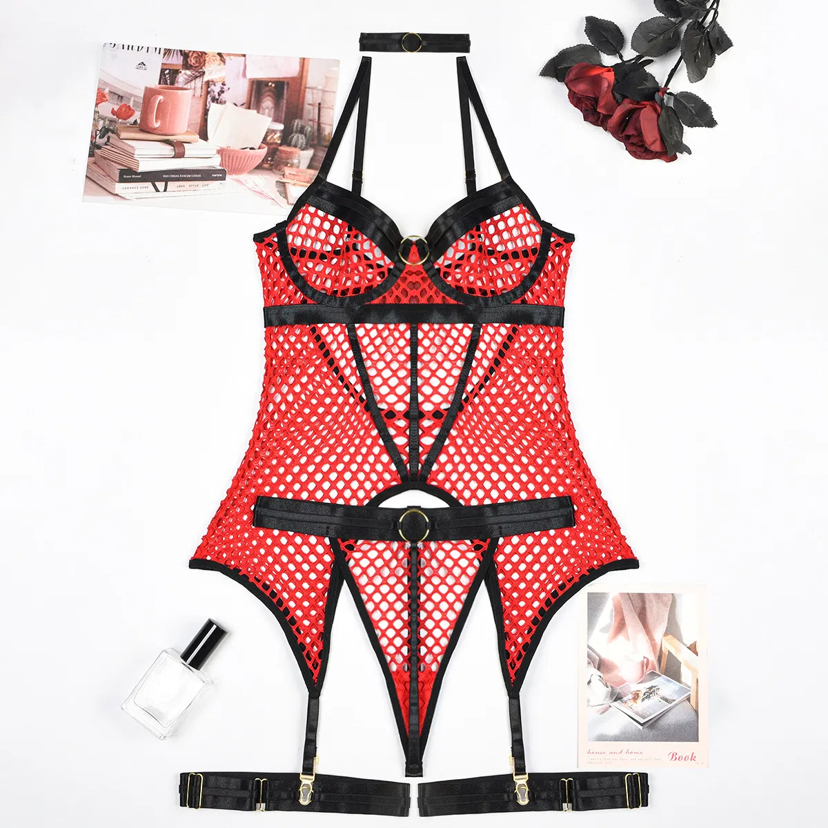 Wholesale Deep-V Woman Underwear Set Sexy Erotic See-Through Fishnet Lingerie