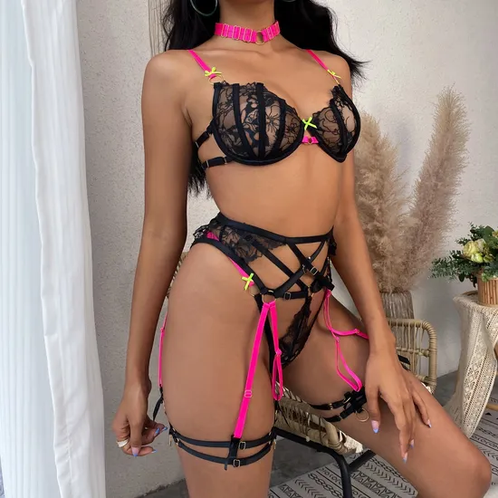 Wholesale See-Through Underwear Set for Woman Sexy Erotic Garter Belt Lingerie