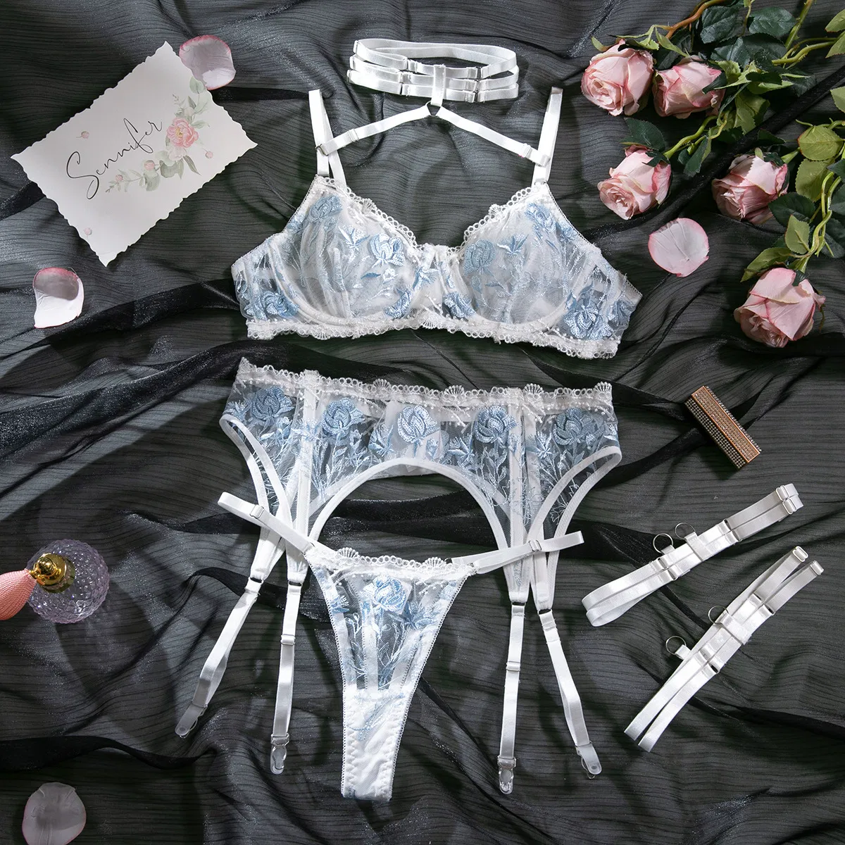 Wholesale Flower Embroidery Woman Underwear Set Sexy Hollow out Tie Garter Belt Lingerie