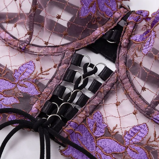 Sexy Floral Embroidery See Through Bra Panty Set Wholesale Luxury Chain Women Lingerie