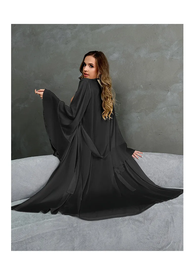 Wholesale Satin Long Sleeve Ruffled Chiffon Patchwork Sleepwear Sexy Women's Robe