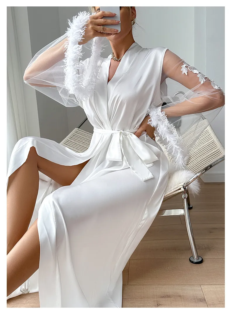 Wholesale Satin Woman Sleepwear Sexy See-Through Mesh Feather Lace Cuff Robe