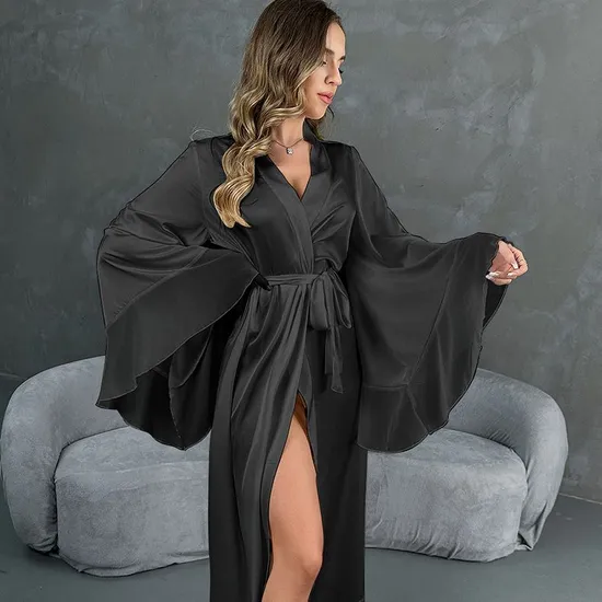 Wholesale Satin Long Sleeve Ruffled Chiffon Patchwork Sleepwear Sexy Women's Robe