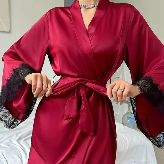 Wholesale V-Neck Satin Woman Lace Nightwear Sleepwear Sexy High-Quality Solid Color Robe