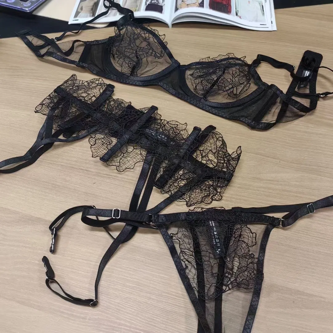 See-Through Embroidered Sock Strap Three-Piece Set Lace Trim Breathable Ultra-Thin for Women Sexy Bra Underwear Lingerie