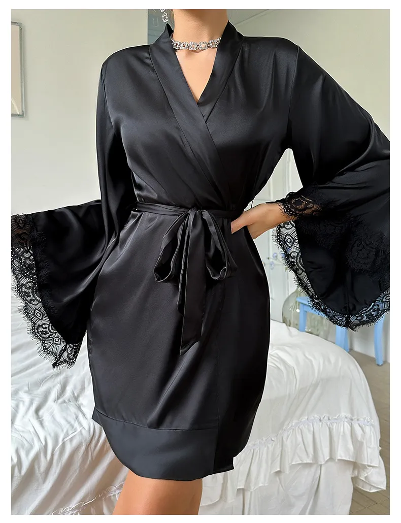 Wholesale V-Neck Satin Woman Lace Nightwear Sleepwear Sexy High-Quality Solid Color Robe