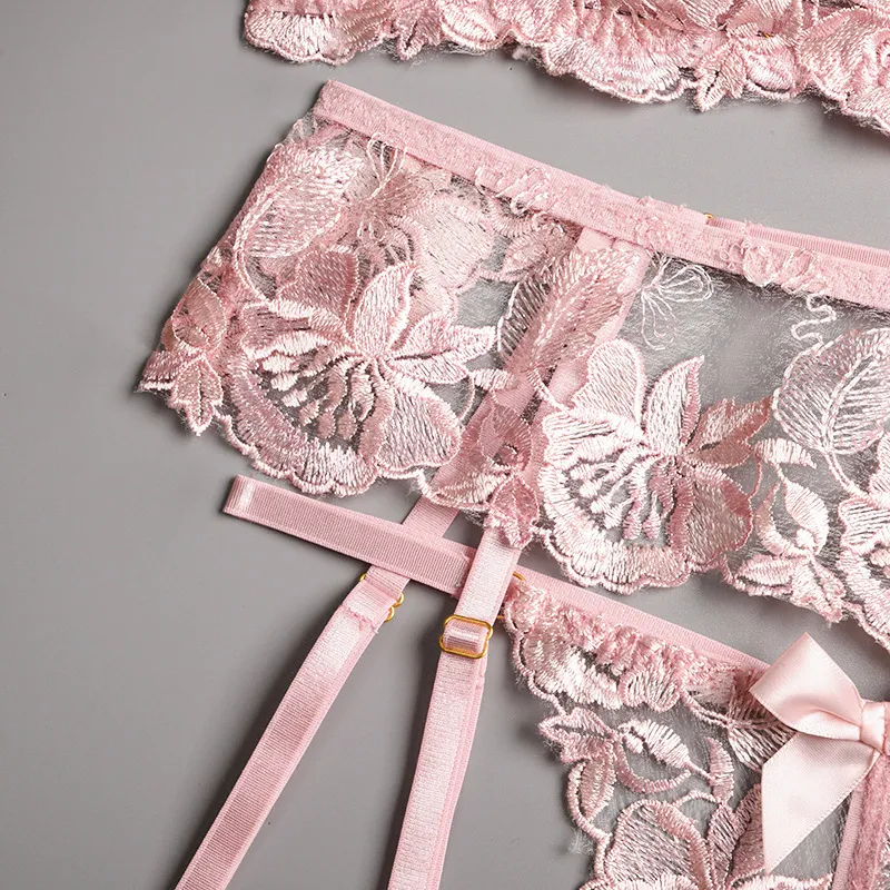 New Design Flower Embroidery See-Through Bra Set Sexy Woman 3 PCS Lingerie