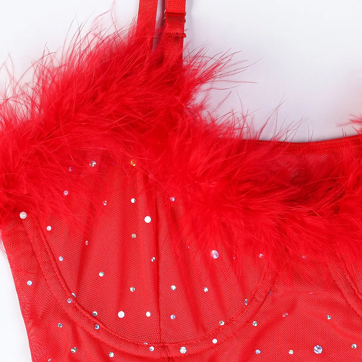 Sexy Elastic See-Through Mesh Bra Set New Rhinestone Sparkling Feather Two-Piece Woman Lingerie