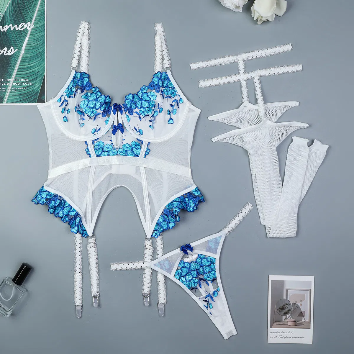 Sexy Floral Embroidered Bra Set with Fishnet Stocking New Transparent Mesh Woman Lingerie