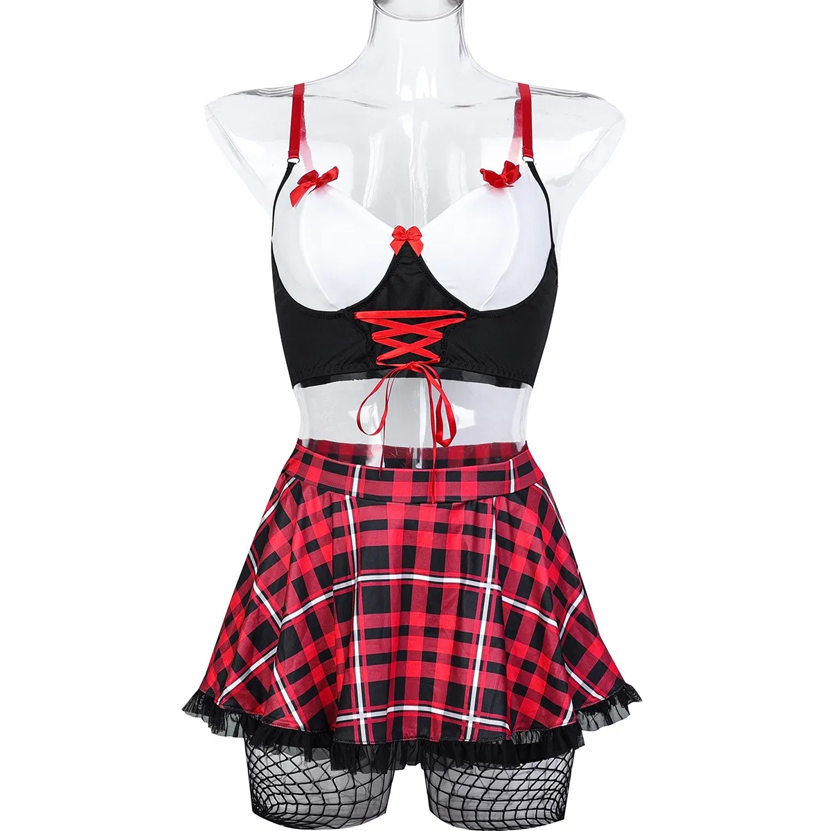 Wholesale Uniform Bow Woman Bra Set with Stocking Sexy Red Miniskirt Lingerie