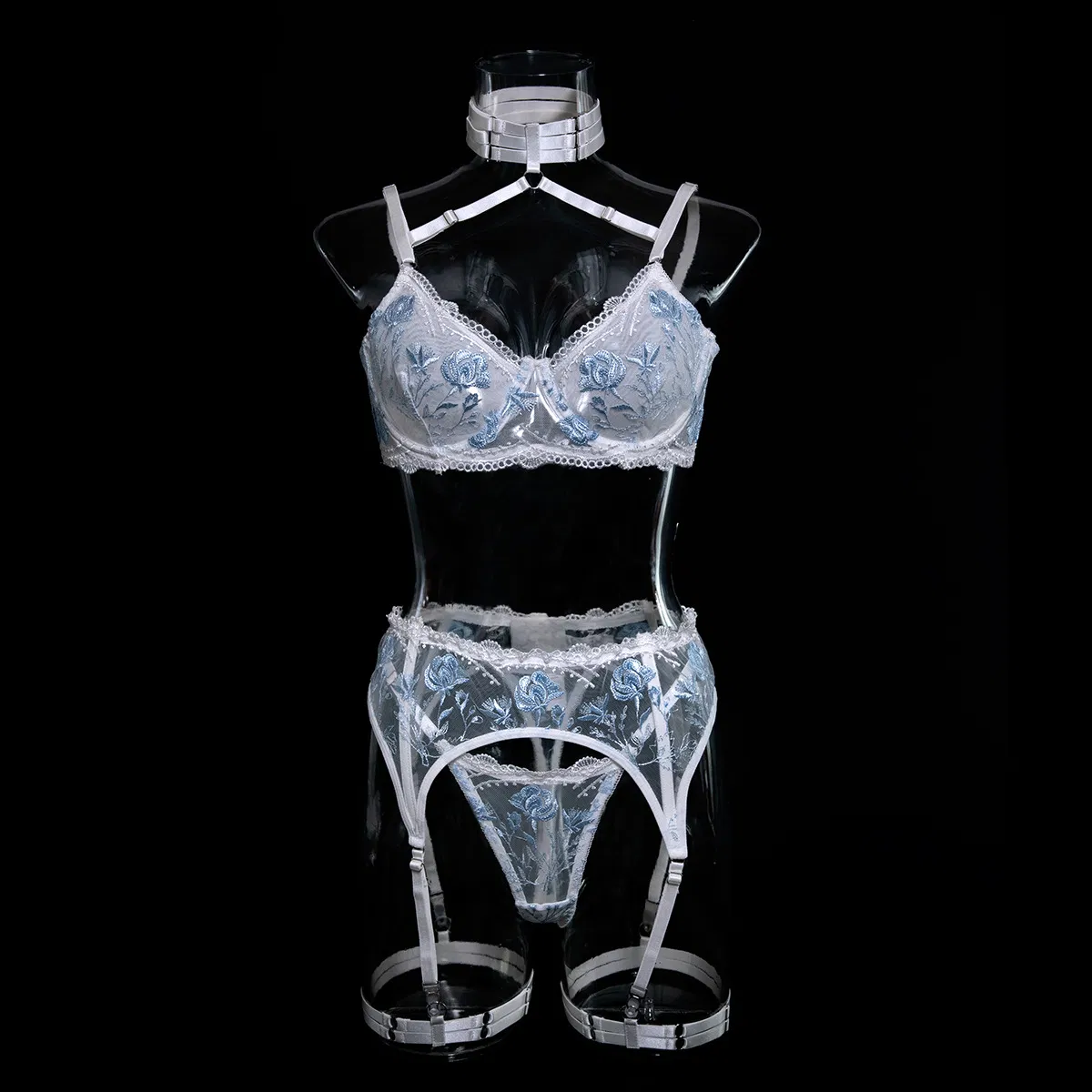 Wholesale Flower Embroidery Woman Underwear Set Sexy Hollow out Tie Garter Belt Lingerie