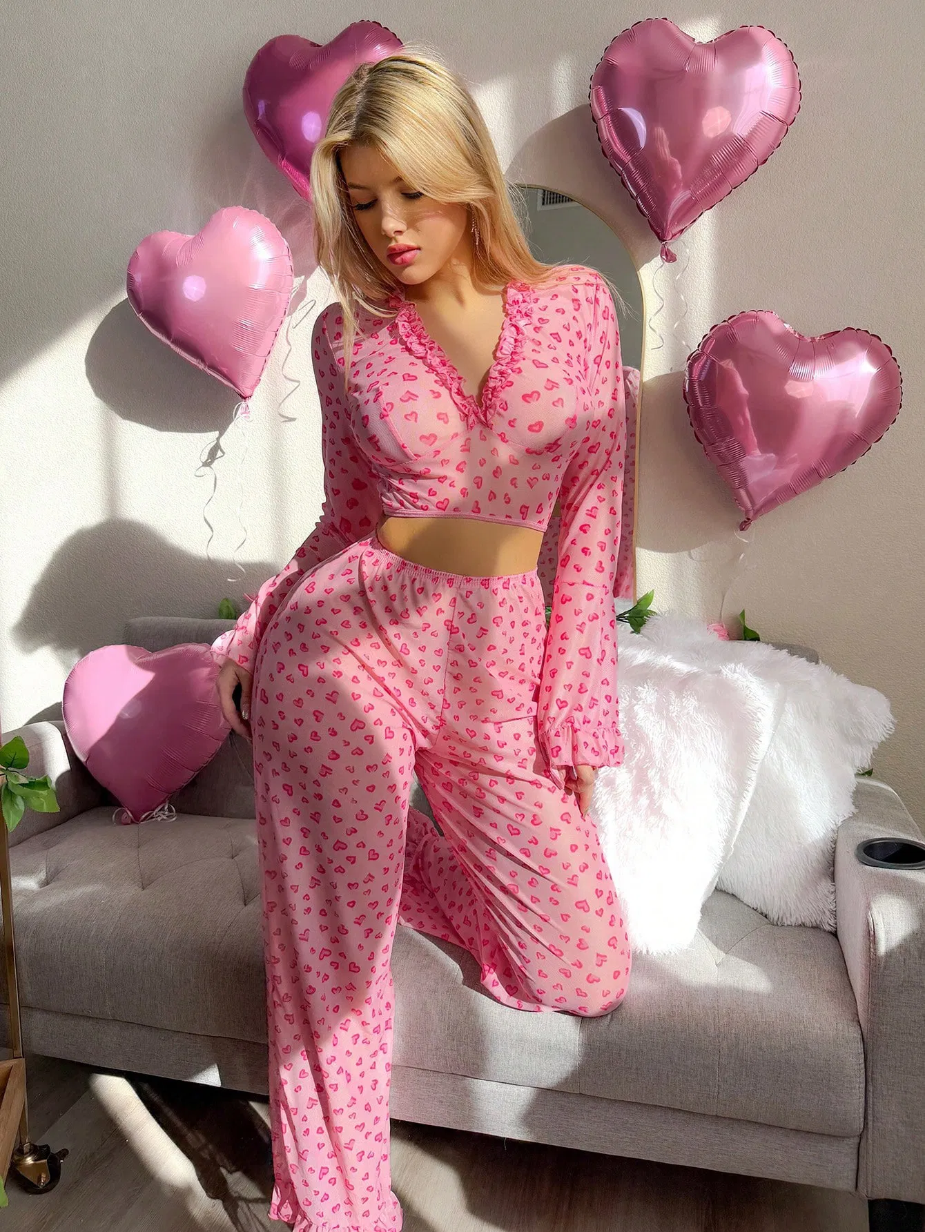 Hot Sell Erotic Long Sleeve Transparent Mesh Underwear Set Sexy Heart Print Women's Lingerie