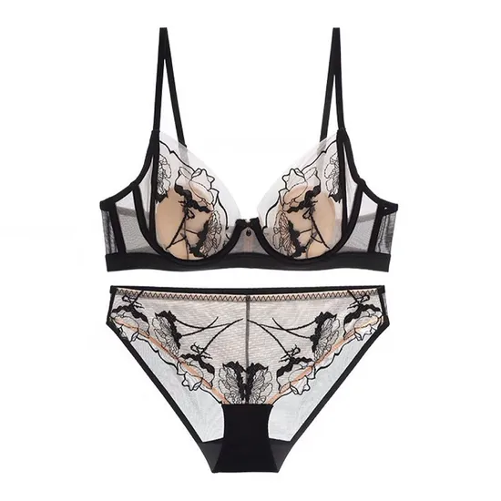 2025 Mesh Embroidery Contrasting Color Lace Seduction Lace for Women Soft Bra Breathable Ultra-Thin Set Sexy Underwear Lingerie