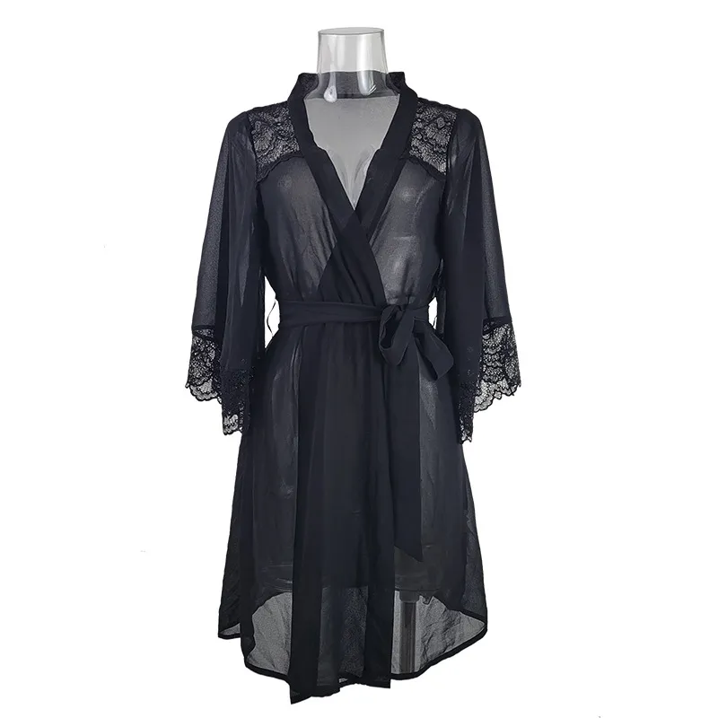 Sexy See-Through Chiffon Mesh Woman's Sleepwear Wholesale Lace Patchwork Robe