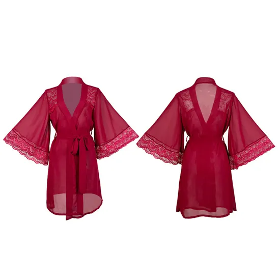 Sexy See-Through Chiffon Mesh Woman's Sleepwear Wholesale Lace Patchwork Robe