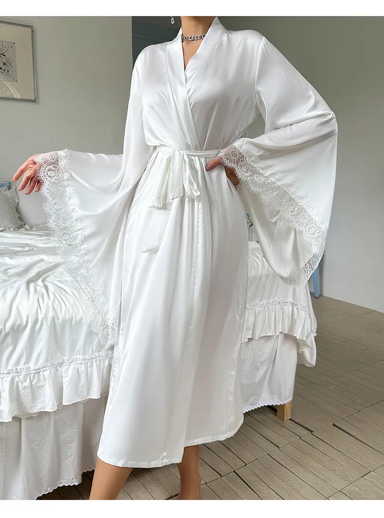 Wholesale Satin Lace Long Sleeved Women's Sleepwear Sexy High Quality Soft and Silky Robe