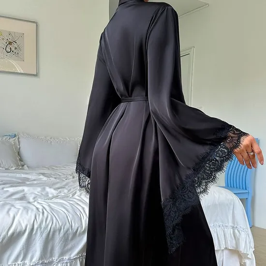 Wholesale Satin Lace Long Sleeved Women's Sleepwear Sexy High Quality Soft and Silky Robe