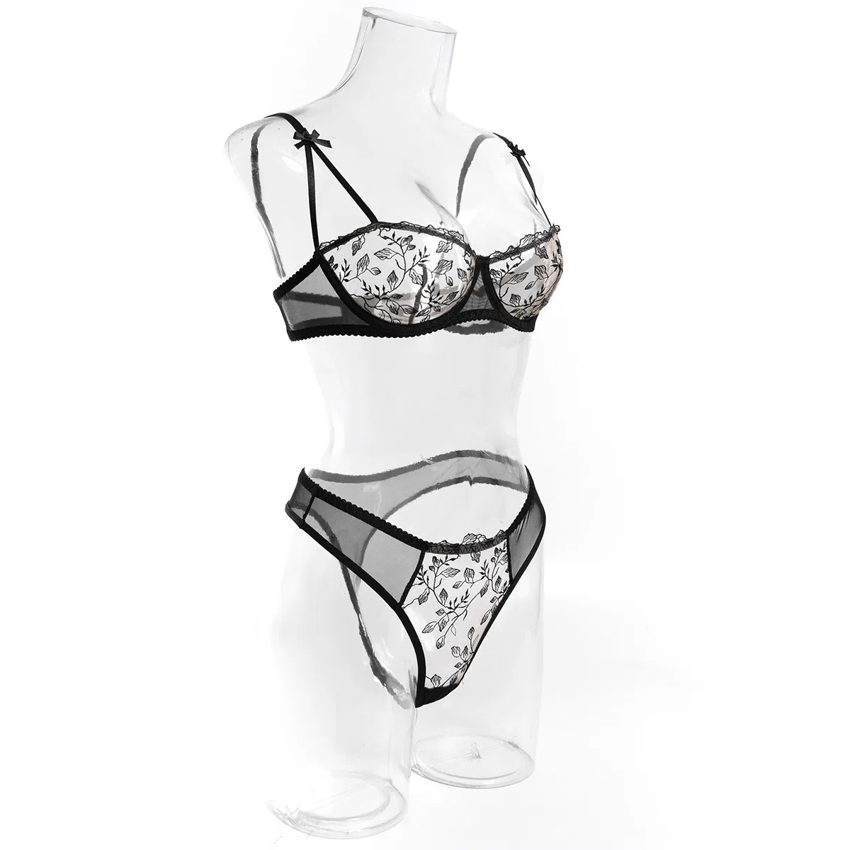 Sexy Floral Embroidery Women Bra Set Wholesale See-Through Mesh 2PCS Lingerie