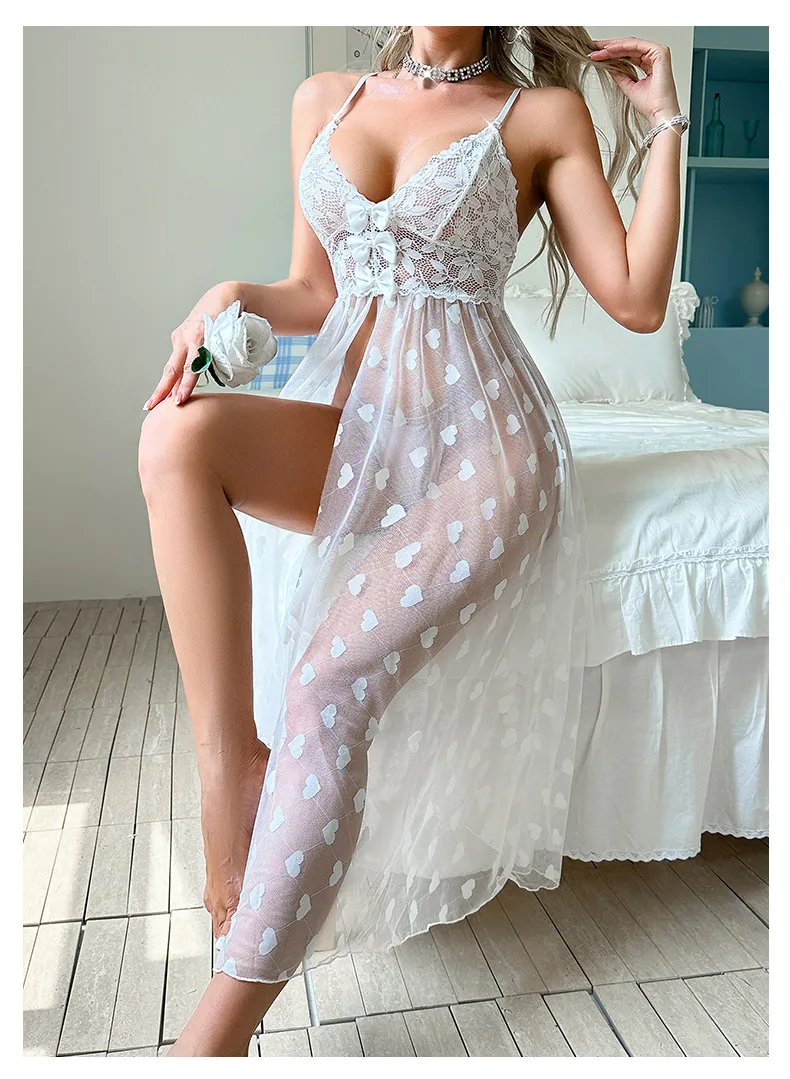 Sexy Transparent Mesh Women Sleepwear Long Dress Hot Sale Embroidery Nightwear