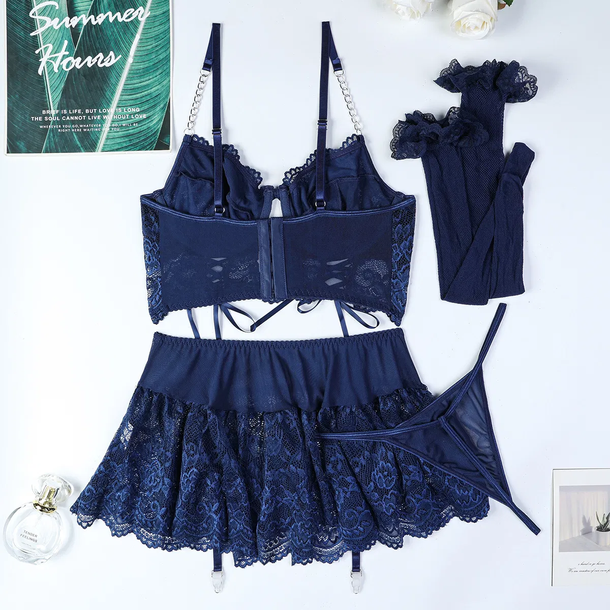 Sexy Embroidery Lace Hollow out Strap Cross Bra Set Wholesale Erotic Skirt Woman Lingerie