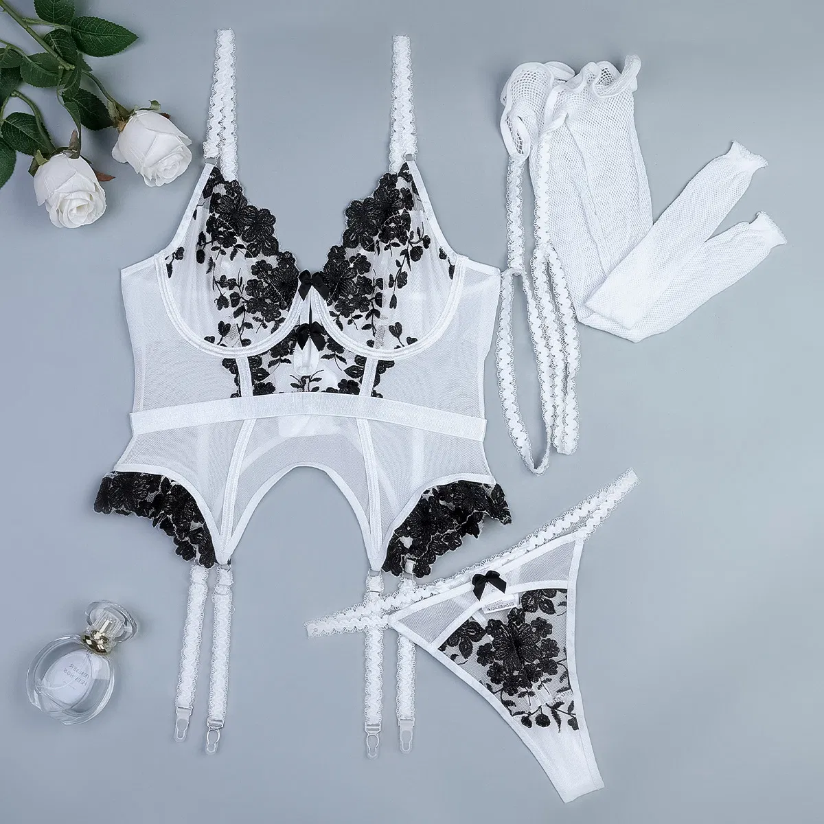 Sexy Floral Embroidered Bra Set with Fishnet Stocking New Transparent Mesh Woman Lingerie