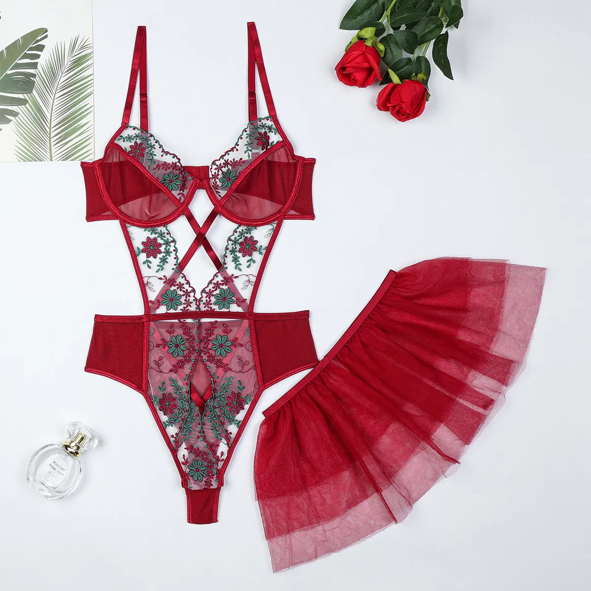 New Arrivals See-Through Mesh Skirt Bra Set Sexy Floral Embroidered Women Lingerie