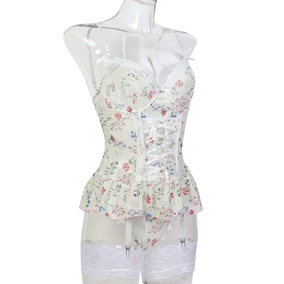 New Fashion Floral Print Transparent One Piece Bra Set Sexy Ultral-Thin Woman Lingerie