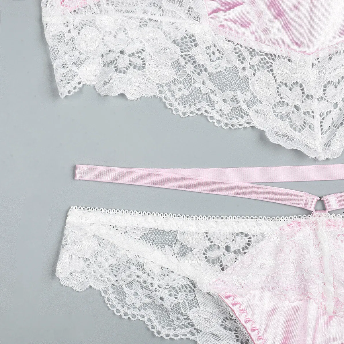 Sexy Neck Hanging Cross Strap Underwear Set Wholesale Pink Satin Women Lingerie