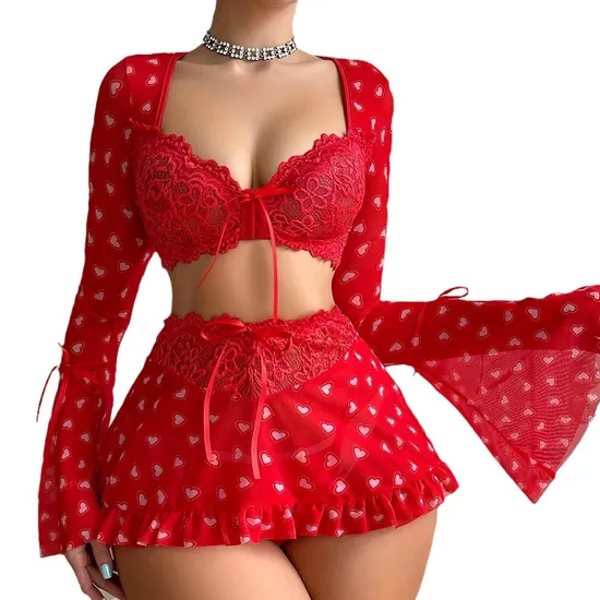Wholesale Heart Printed Long Sleeves Bra Set Sexy Christmas Woman Mini Skirt Lingerie