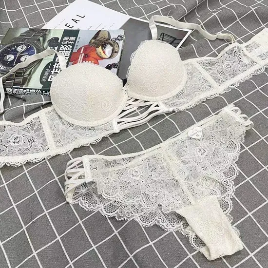 Wholesale Embroidery Lace Seduction for Women Deep V Gathered Breathable Ultra-Thin Set Sexy Bra Underwear Lingerie