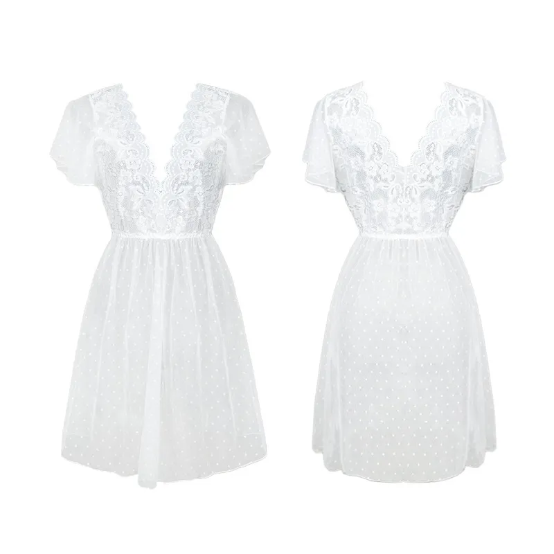 New Solid Color Polka DOT Sleepwear Dress Sexy V-Neck Transparent Woman Nightwear