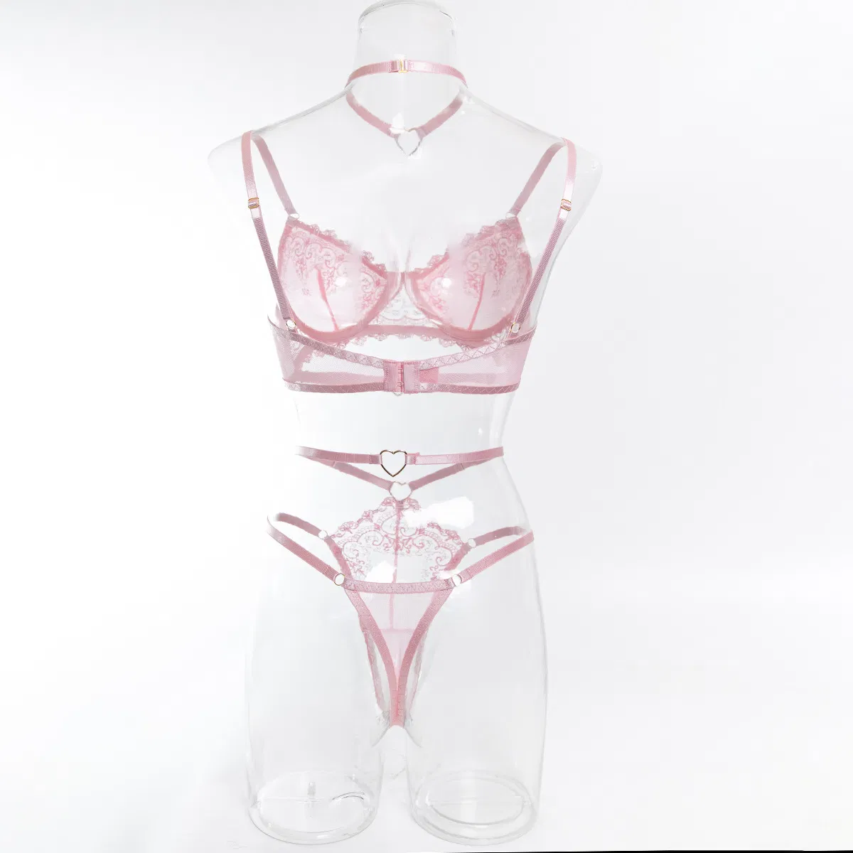 Hot Fashion Love Heart Halter Woman Bra Set Sexy See-Through Embroidered Lingerie