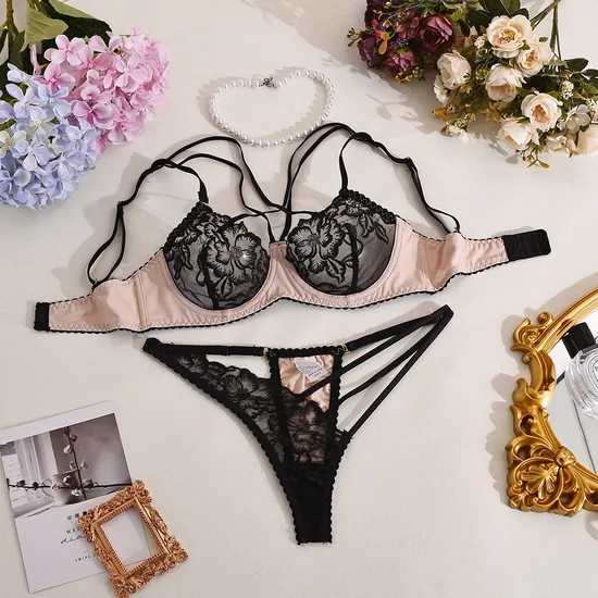 Wholesale See Through Mesh Embroidery Women's Bra Panty Sets Sexy Cross-Strap Lingerie