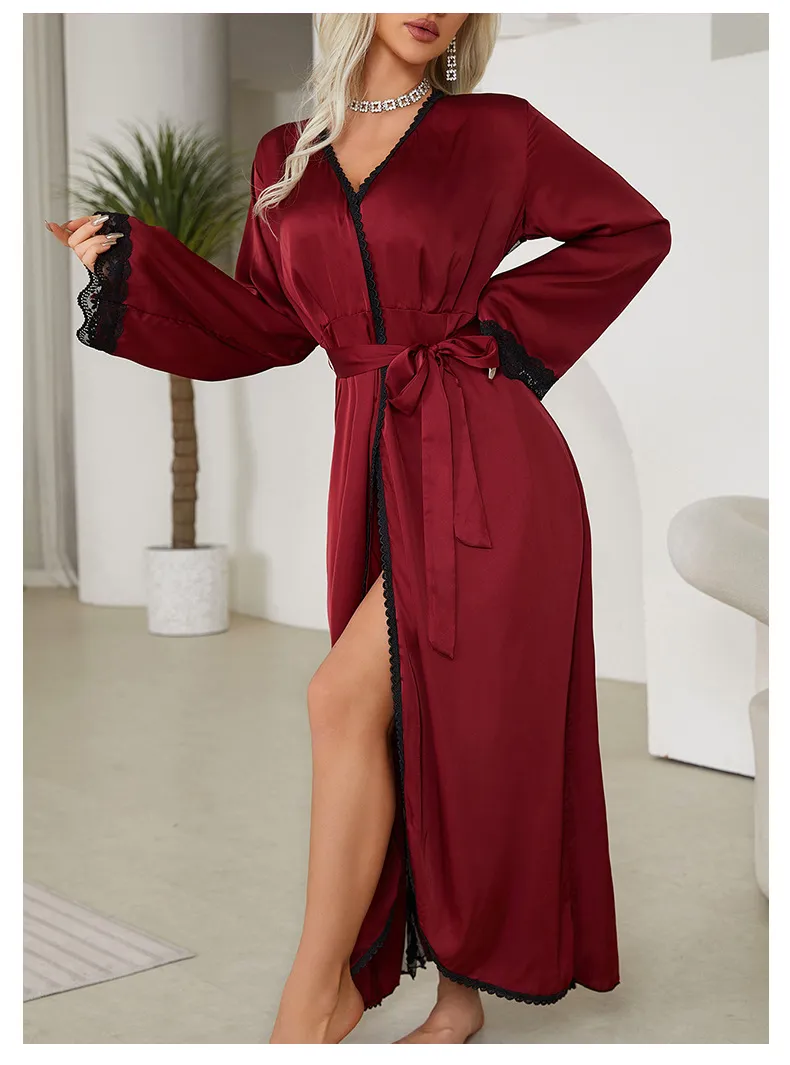 Wholesale Lace Satin Sleepwear Sexy Mesh Embroidery Patchwork Transparent Women's Robe