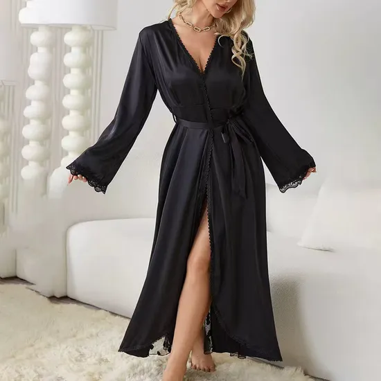 Wholesale Lace Satin Sleepwear Sexy Mesh Embroidery Patchwork Transparent Women's Robe