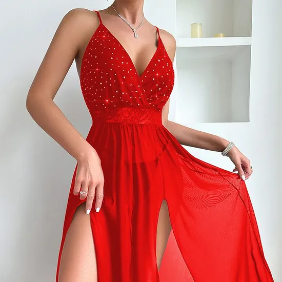 Sexy Erotic Transparent Woman Nightgown Dress Wholesale Solid Color Long Mesh Nightwear