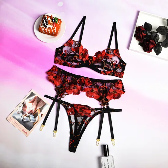 Wholesale Erotic Flowers Embroidery Lace Woman Bra Set Sexy High Quality Transparent Lingerie