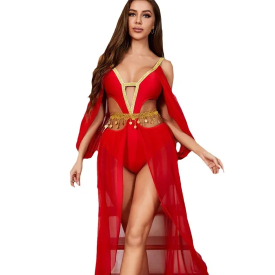 Wholesale Deep-V See Through Mesh Underwear Set Sexy Long Skirt Woman Halloween Lingerie