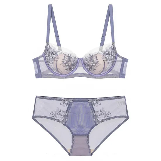 New Style French for Women Embroidery Lace Trim Ultra-Thin Soft Sexy Gathering Bra Set Breathable Underwear Lingerie