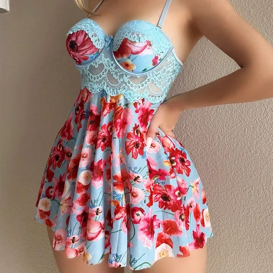 Wholesale Floral Print Long Dress Underwear Set Sexy Ultral-Thin Women Lingerie