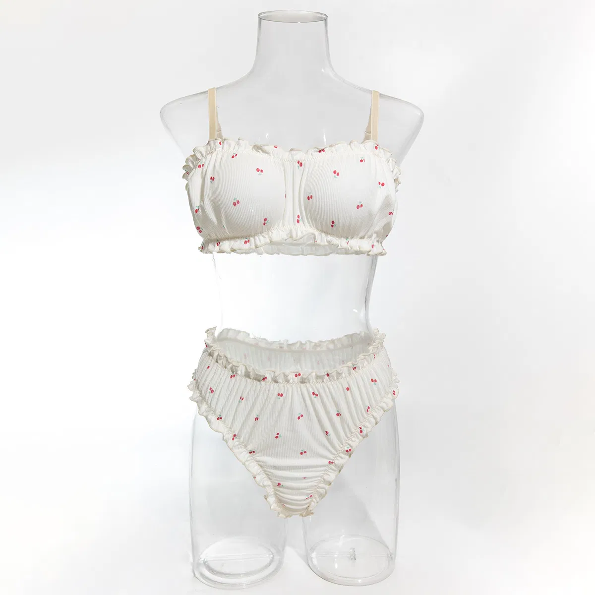 Sexy Ultra-Thin Underwear Set with Ruffles Shirring New Fashion Floral Print Woman Lingerie