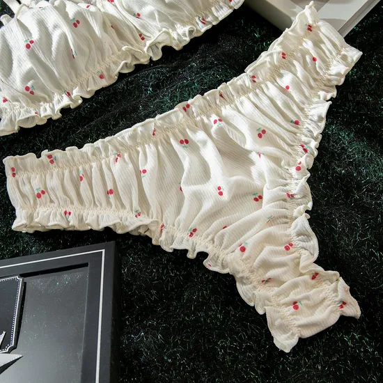 Sexy Ultra-Thin Underwear Set with Ruffles Shirring New Fashion Floral Print Woman Lingerie