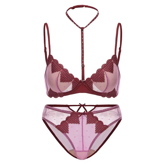 New French Mesh Embroidered Ultra-Thin Gathering Bra Set High Split Halte Underwear Sexy Lingerie