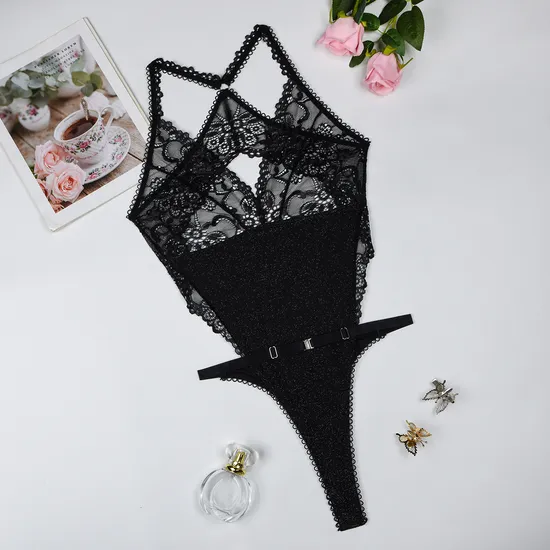 Sexy Solid Color Floral Embroidery Lingerie Set New Style See Through Woman Bodysuit