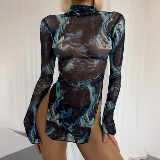 Sexy High Neck Long Sleeve Tie-Dye Mesh Underwear Set Wholesale Women's Dress Lingerie