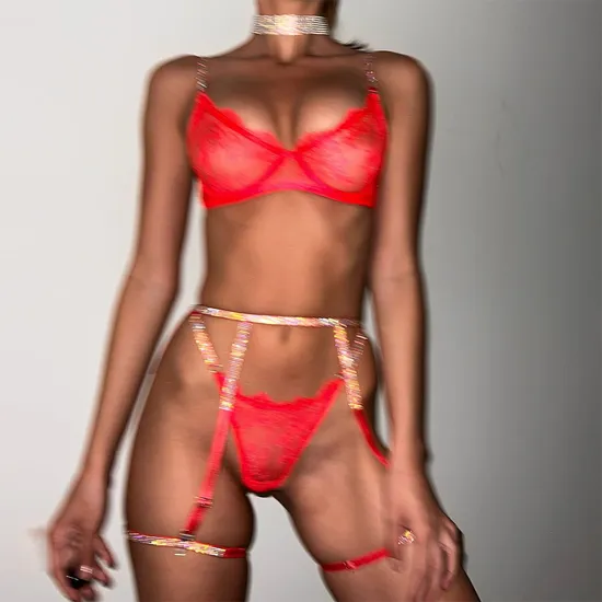 Wholesale Luxury Diamond Shiny Underwear Set for Woman Sexy See-Through Lingerie