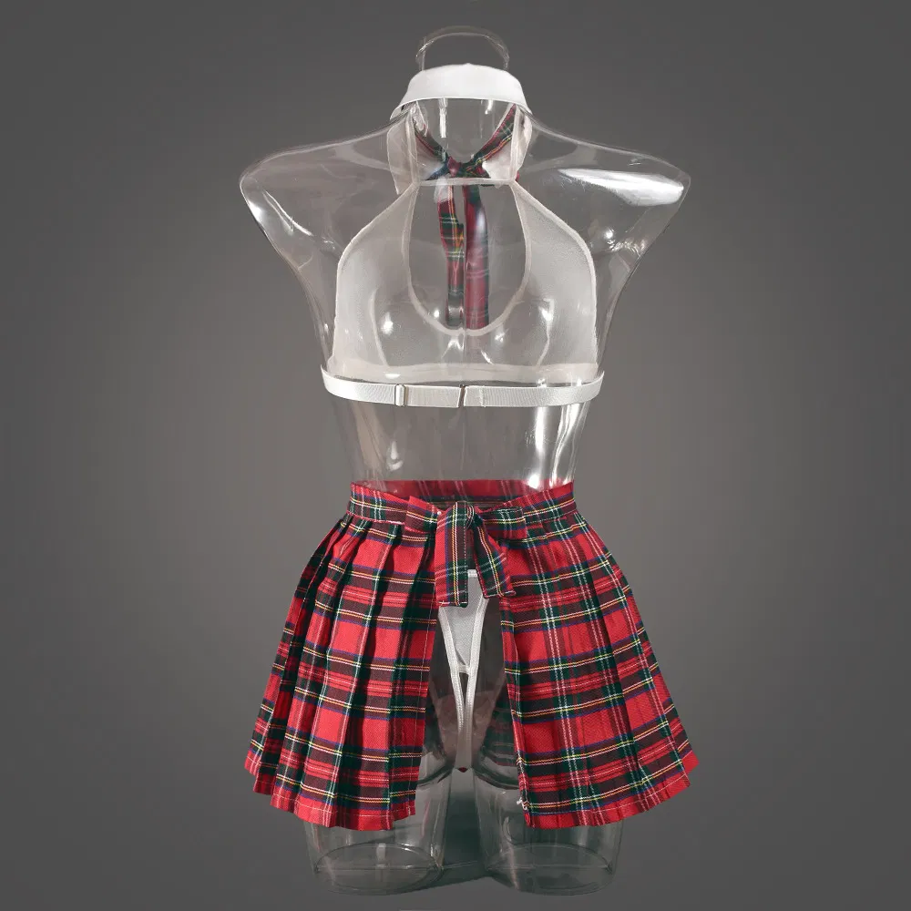 Sexy See-Through Role Play Plaid Bra Set Hot Short Skirt Woman Lingerie