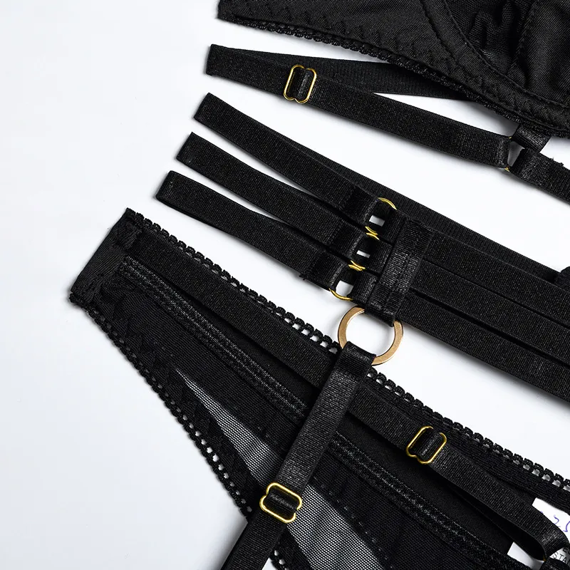 Wholesale Erotic Garters Belt Underwear Set for Women Hot Patchwork Bondage Mesh Lingerie
