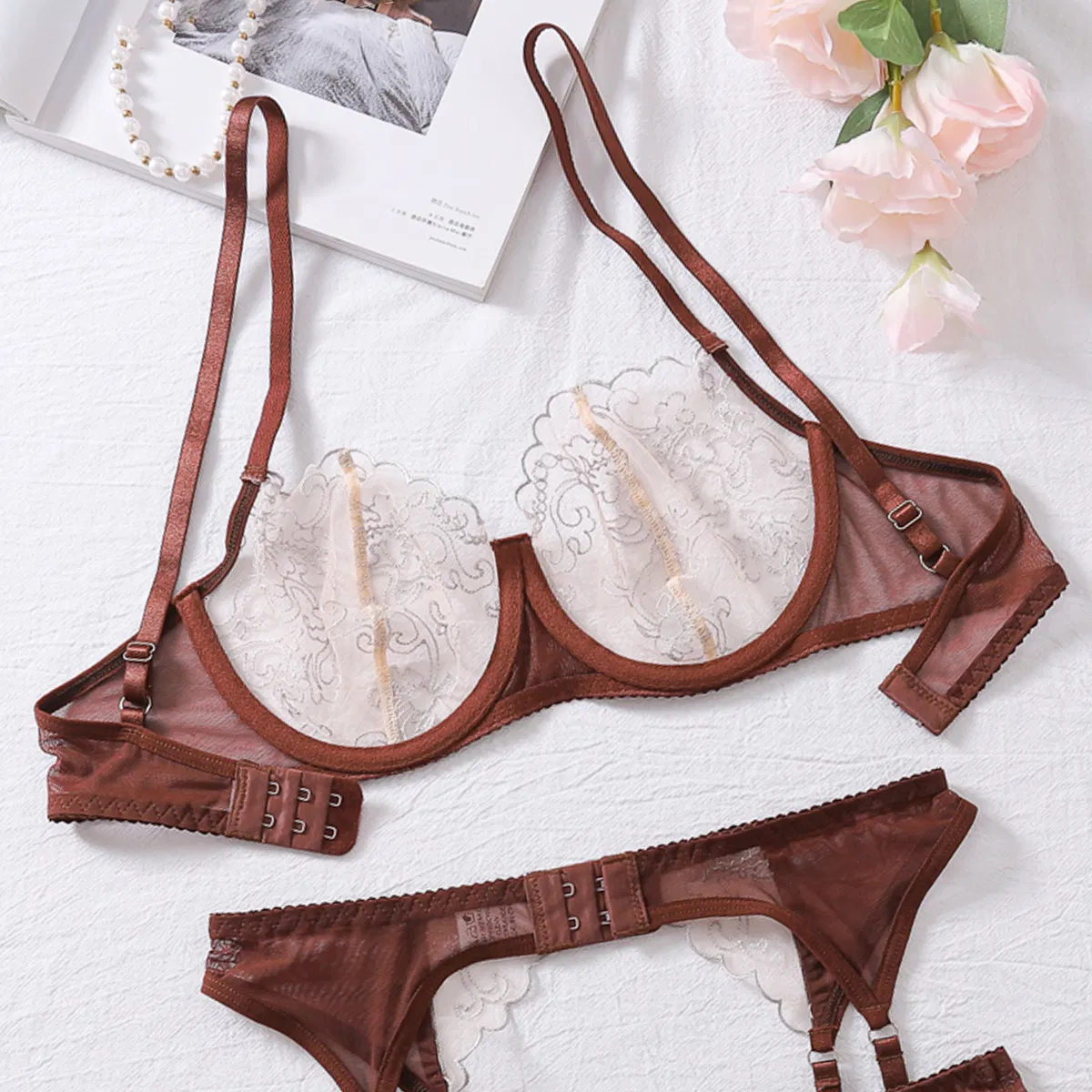 New Fashion See-Through Embroidery Bra Panty Set Sexy Contrasting Color Women Lingerie