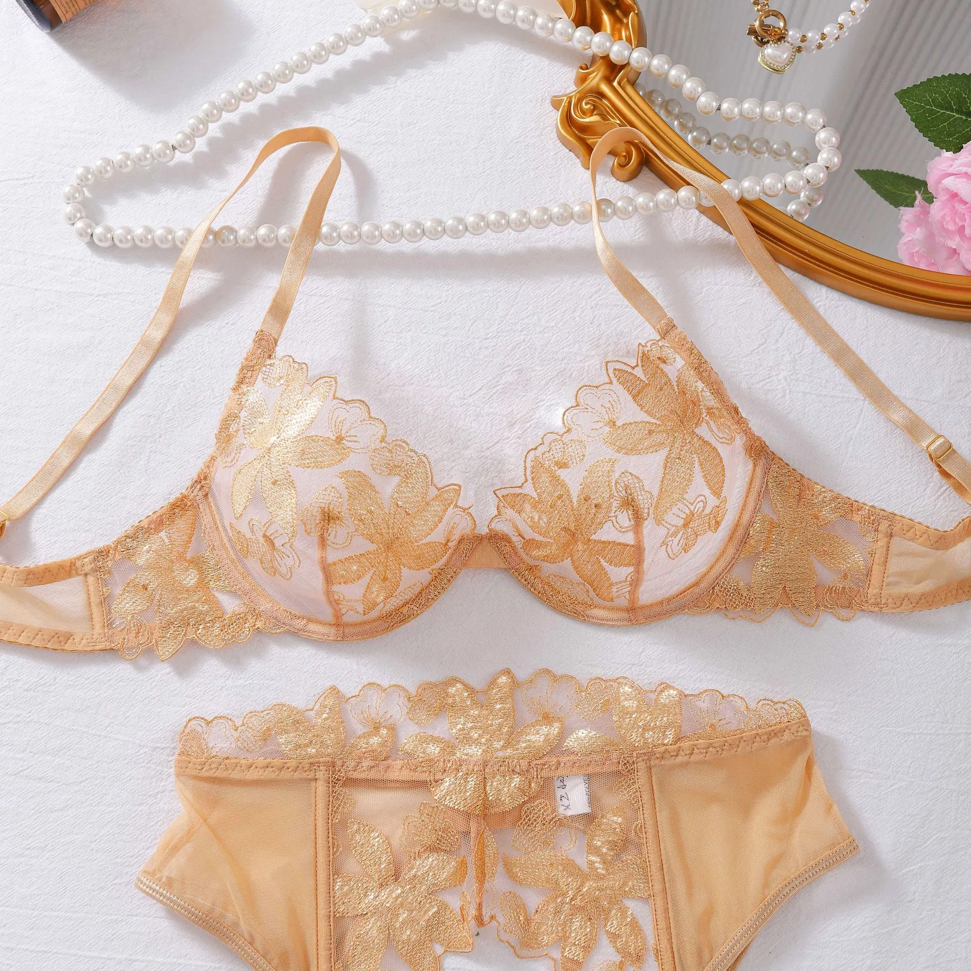 New Style Gold Flower Embroidery Bra Set Sexy See-Through Woman Lingerie